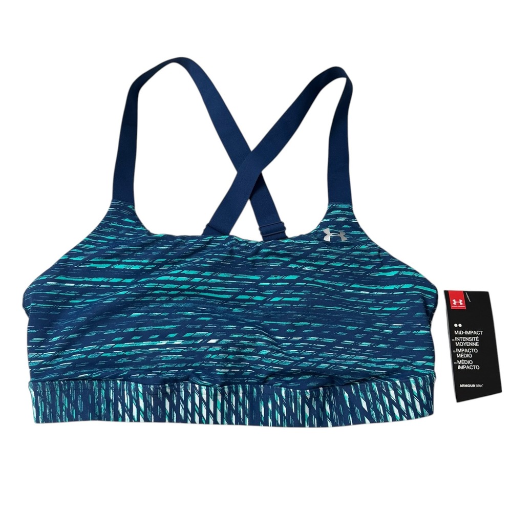 Under Armour XL Mid-Impact Sports Bra Blue Teal Abstract Print Crossover NWT